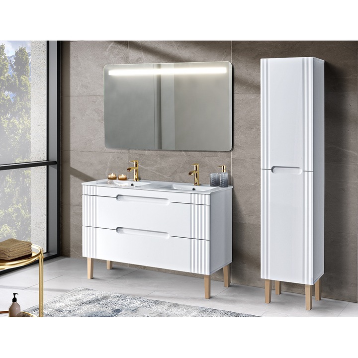 Set mobilier baie Fiji White, 120cm, cu umywalka, safca inalta si oglinda