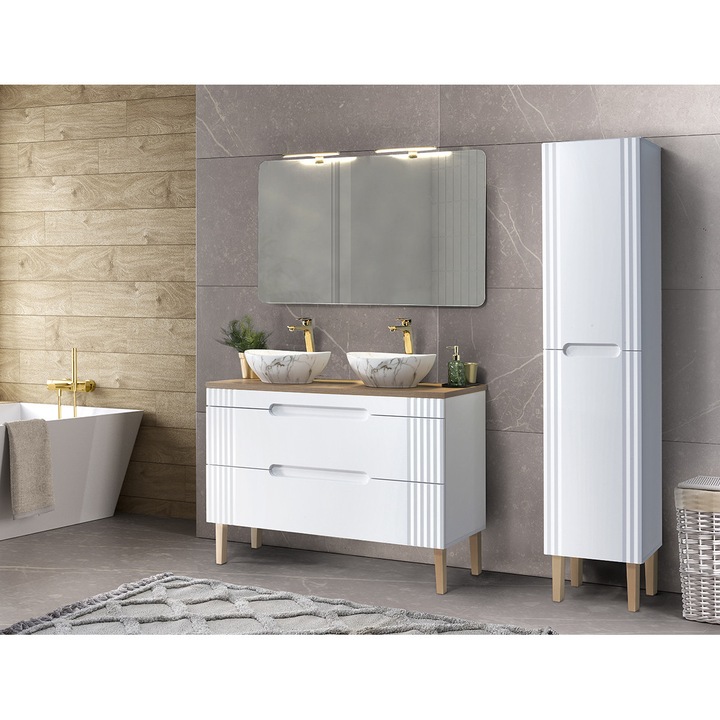 Set mobilier baie Comad, 120cm, cu umywalki nablatowe, cu oglinda, alb