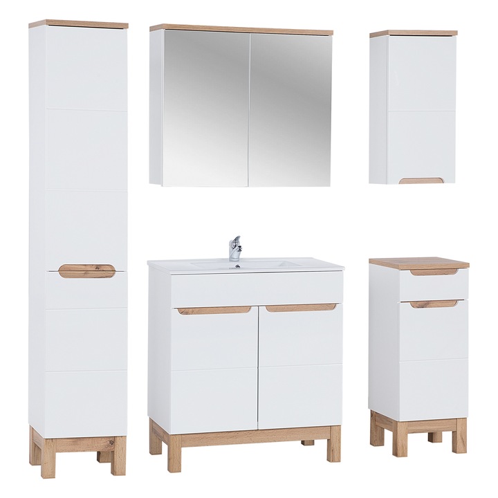 Set mobilier baie Bali White, 80cm, cu umywalka, safca inalta si safca cu oglinda