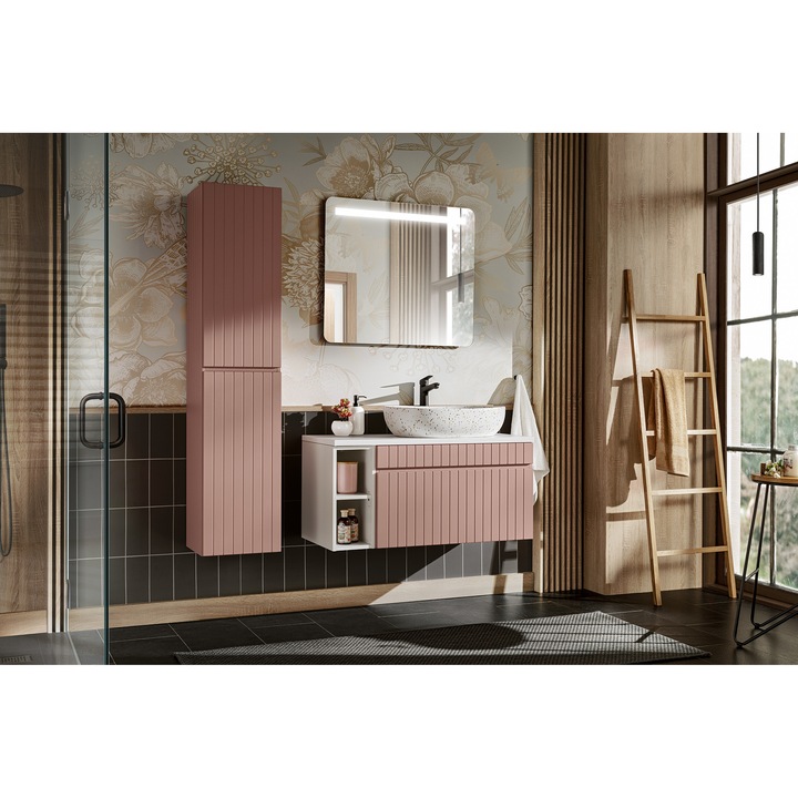 Set mobilier baie, 100cm, umywalka nablatowa, safca inalta, oglinda LED, Antica Roz, colectia Iconic Rose