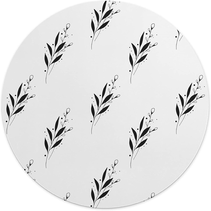 Mousepad Rotund 22 cm – Simplitate si Naturalete cu Design Frunze Negre Line Art