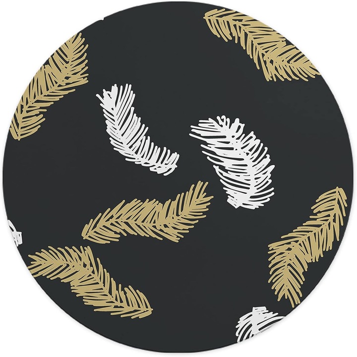 Mousepad Rotund 22 cm – Eleganta si Contrast cu Design Frunze Tropicale Negru & Auriu
