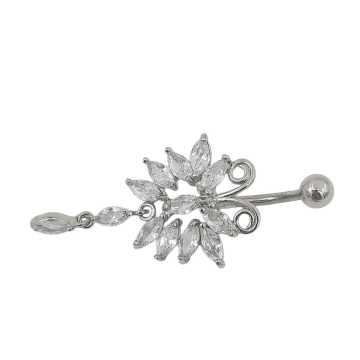 Percing de buric inox lungime 4, 5 cm model fluture cu pietre albe de zirconiu Cezara