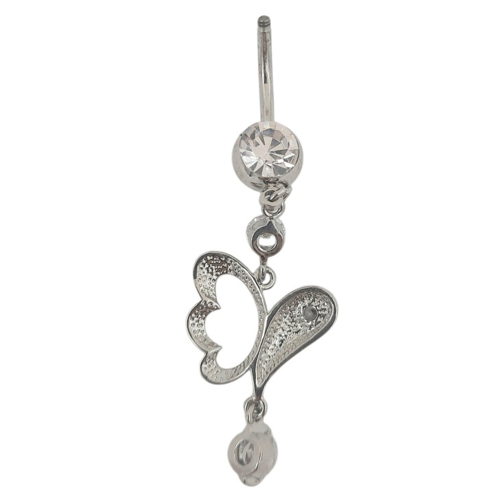 Percing de buric inox lungime 5, 5 cm model fluture si pietre albe de zirconiu Codruta