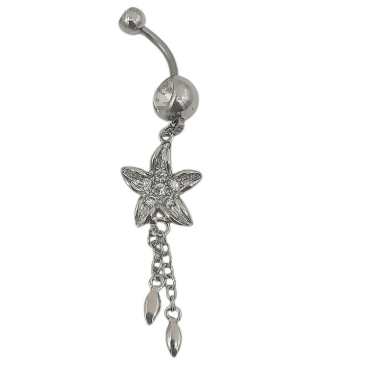 Percing de buric inox lungime 6 cm model floare cu pietre albe de zirconiu Constantina