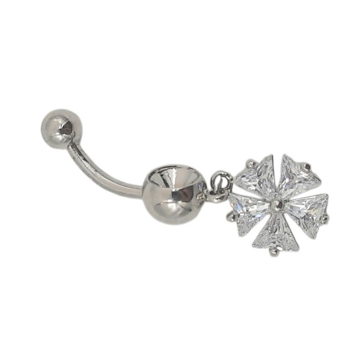 Percing de buric inox lungime 4 cm model floare cu pietre albe de zirconiu Costelia