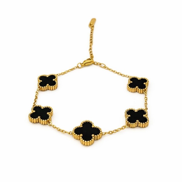 Bratara Dama Zallmorra Clover 5 Flori Negru, Otel Inoxidabil Placat Auriu, Reglabila, 22 cm