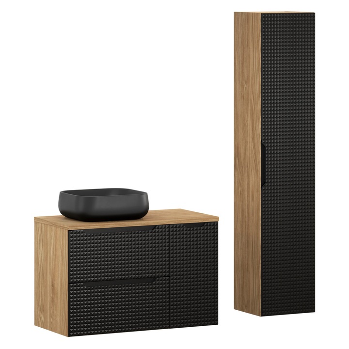 Set mobilier baie Luxor Black, 90x46cm, cu umywalka nablatowa si szafka wysoka