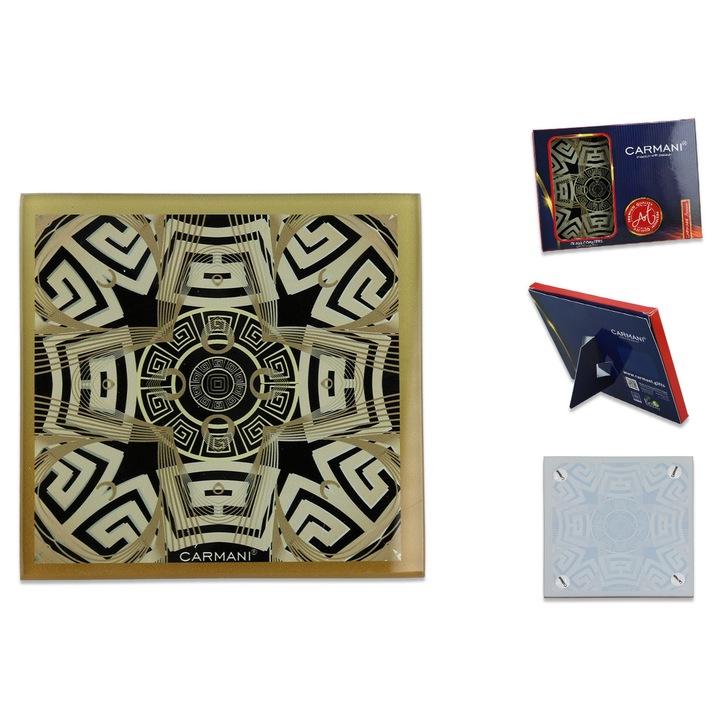 Suport bauturi CARMANI, patrat, sticla securizata, decorat cu aur, 10x10cm