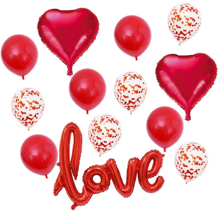 Set 13 baloane cu tematica iubire, folie, latex, rosu, alb