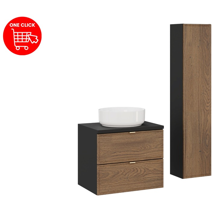Set mobilier baie Talia Casella, umywalka nablatowa, 60x46cm, negru mat, stejar Casella