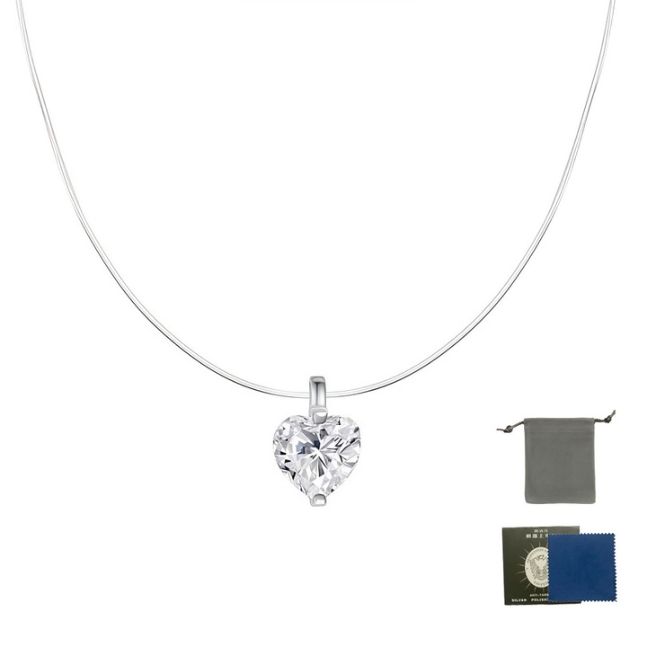 Colier transparent invizibil, argint 925, pandantiv inima cu zirconiu cubic, la moda si versatil
