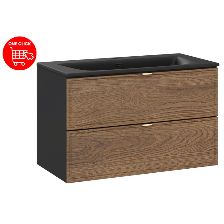 Set mobilier baie 80cm, Talia Casella, negru mat, stejar Casella