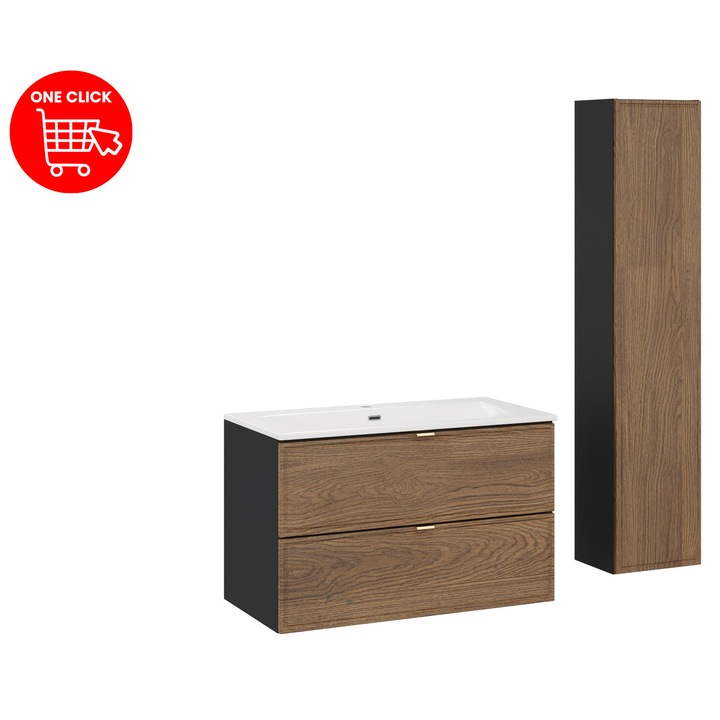 Set mobilier baie 80cm, Talia Casella, umywalka meblowa, negru mat, stejar Casella