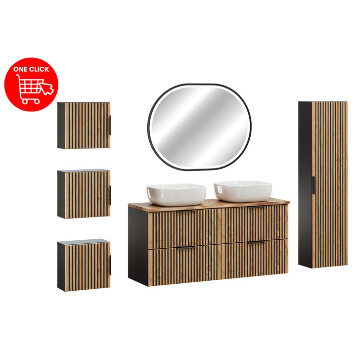 Set mobilier baie Comad, 120x46cm, umywalka nablatowa, lustru LED, colectia Xilo