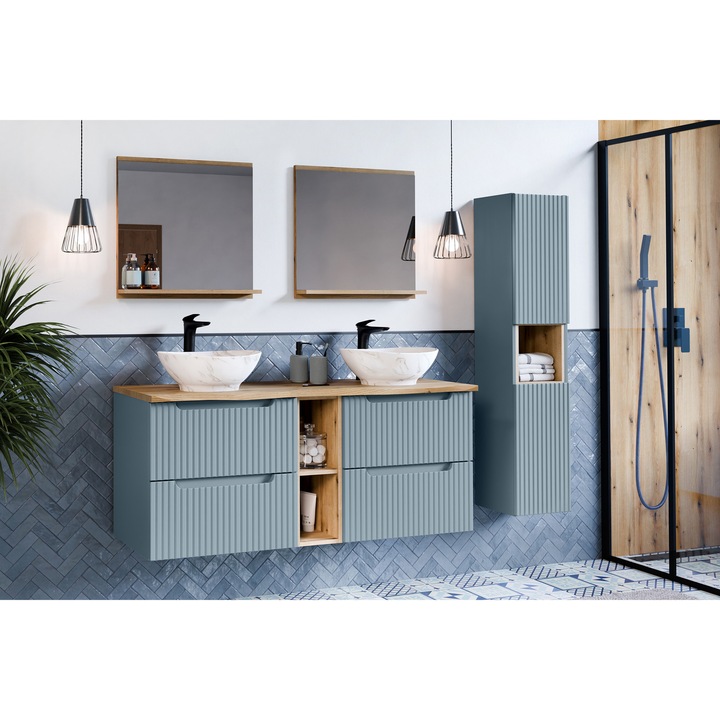 Set mobilier baie Nova Denim, 120x40cm, cu blat si sifonier