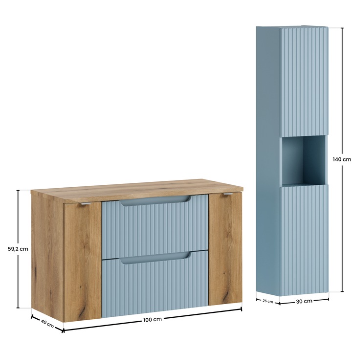 Set mobilier baie Nova Denim, 100x40cm, cu blat si sifonier