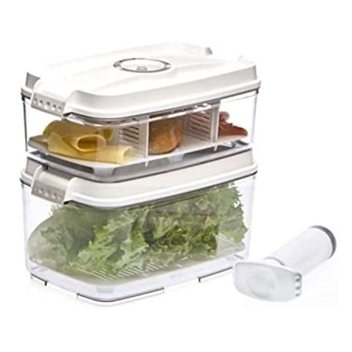 Set caserole de vidare Status, 2 recipiente de plastic si 2 tavite separatoare, pompa manuala de vidare, alb