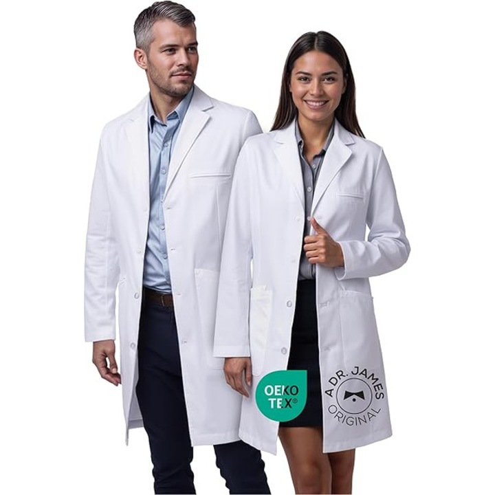 Halat de laborator unisex Dr. James, croială ajustabilă, buzunare multiple, alb, S