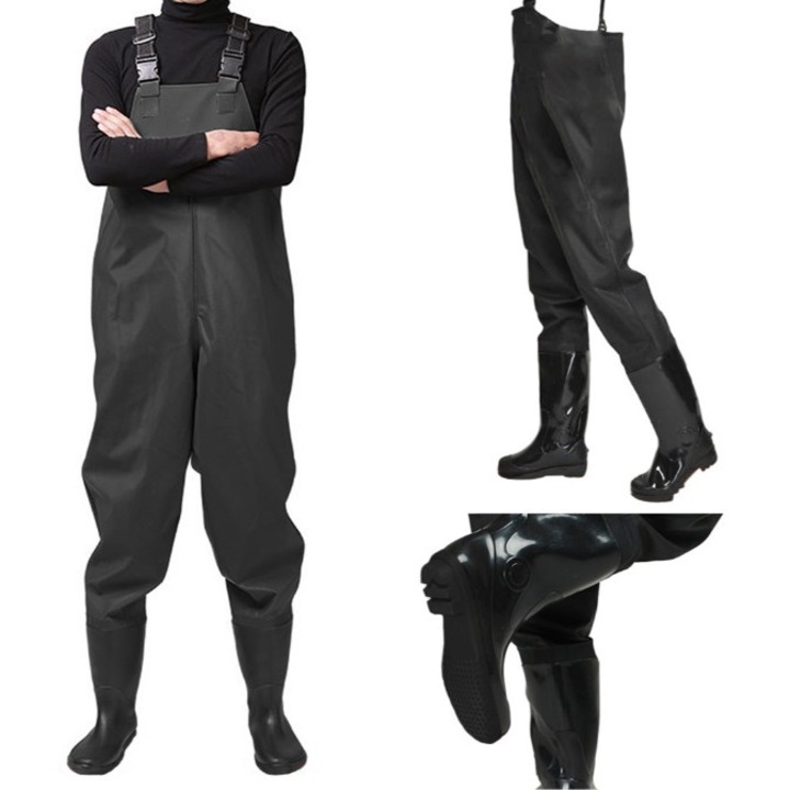 Salopeta cu pieptar KESNUP, cizme de pescuit, talpa antiderapanta, impermeabil, Negru, marime 44