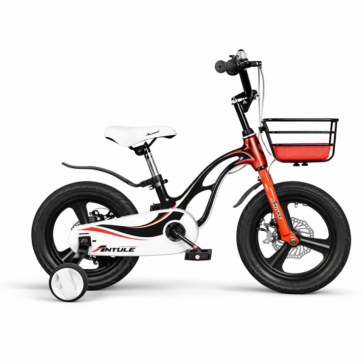 Bicicleta Copii 14 Inch cu Frane pe Disc Fata-Spate, Roti Ajutatoare, Cos Fata, Cadru Otel, Bicicleta Copii 3-5 Ani