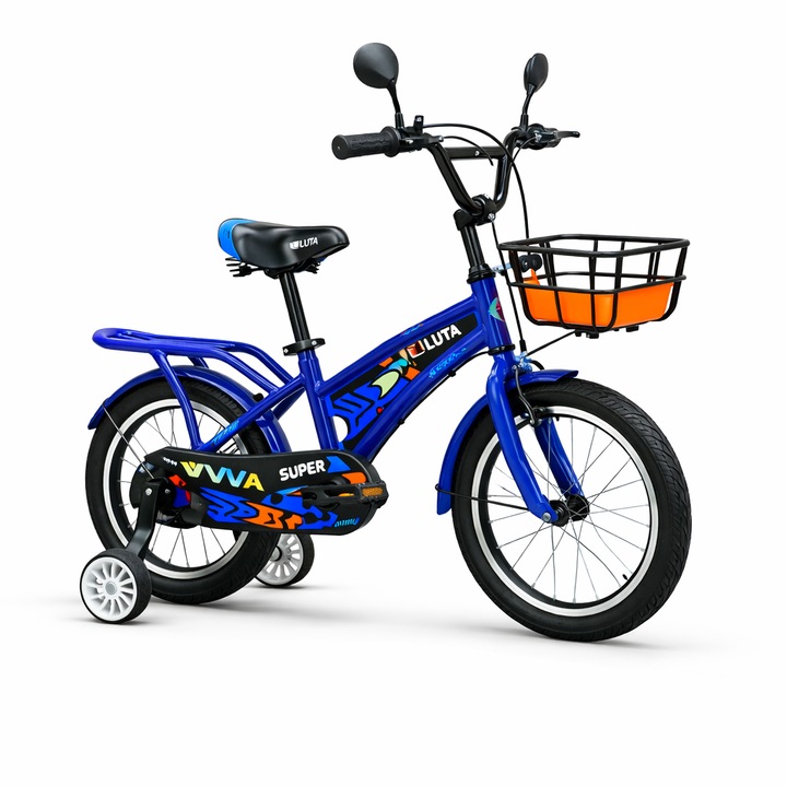 Bicicleta Copii 12 Inch cu Roti Ajutatoare, Frane Fata/Spate, Cadru Otel, Cos Fata, Scaun Reglabil, Bicicleta pentru Copii 2-4 Ani