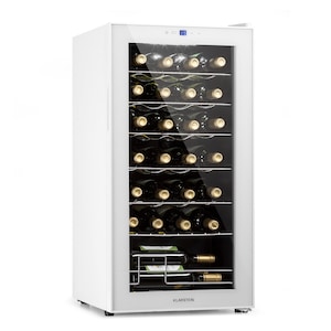 Frigider pentru vin Klarstein Shiraz 28 Uno, 28 sticle, 74 litri, compresor, ușă din sticlă anti-UV, iluminare LED, încuietoare, clasa energetică G, Alb, 43 cm