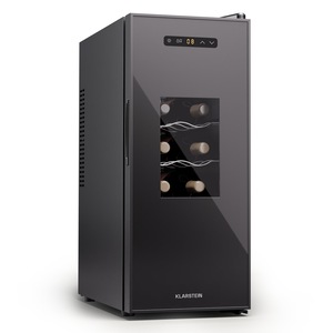 Frigider pentru vin Klarstein Silent Vino 12 Uno Slim, 12 sticle, 30 litri, răcire termoelectrica, ușă din sticlă, încuietoare, clasa energetică E, Negru, 26.5 cm