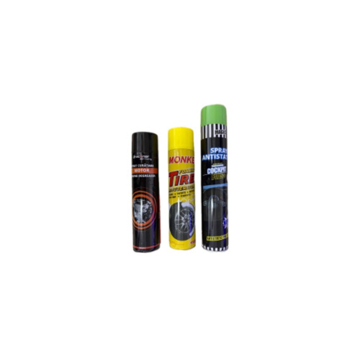 Set intretinere 3 in 1 - Spray curatare motor, spuma anvelope si silicon bord - Kit detaling complet