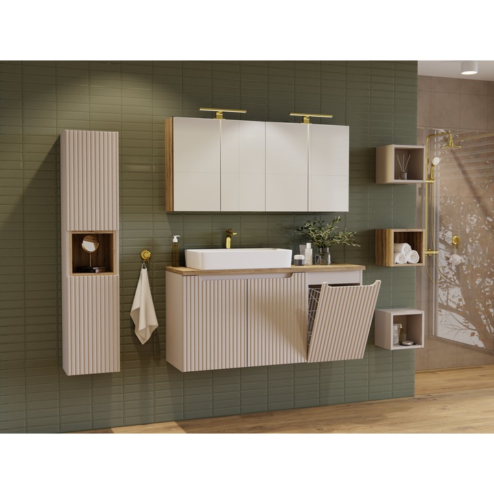 Set mobilier baie Nova Cashmere, 100x40cm, cu blat si safca cu cos de rufe