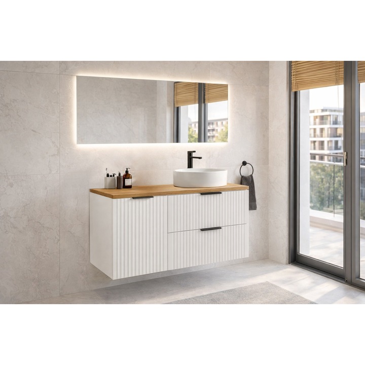 Set mobilier baie Comad, 100x46cm, cu blat si cos de rufe, colectia Adel White