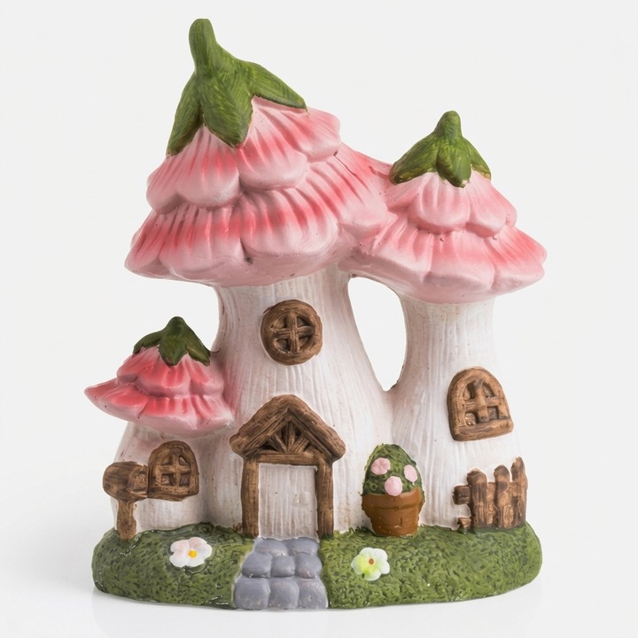 Figurina Decorativa Gradina Casuta Fantasy Cu Ciuperci Roz Ornament Ceramic Pentru Terasa Curte Decor Exterior Mini Peisaj Zane Flori Sculptate 18x11.5x23cm