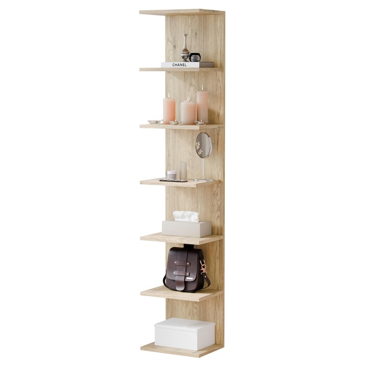 Etajera / biblioteca de perete ComfortCove, raft suspendat decorativ modular, montare verticala sau orizontala, 7 polite, Stejar, L30 × A23.6 × H150.4 cm