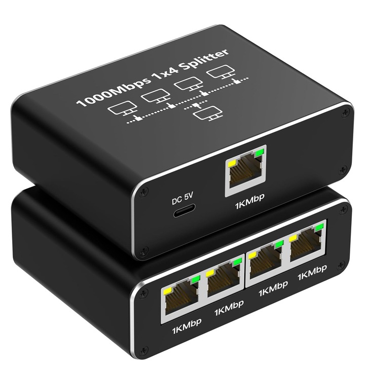 Splitter Retea Ethernet 1 la 4, Splitter de retea Gigabit 1 la 4 de mare viteza (4 dispozitive conectate simultan la retea), Splittere RJ45 pentru cablu Cat5/5e/6/7/8, pentru computer, hub, switch, router, ADSL, digital Televizor