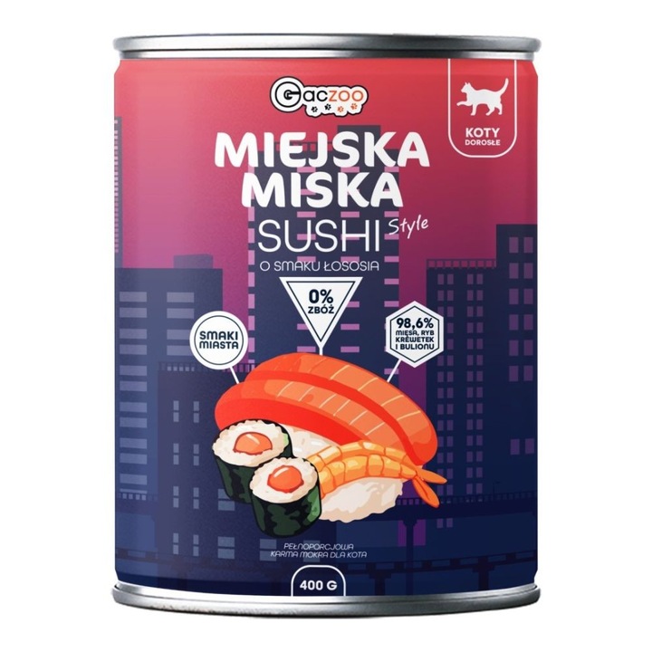 Gaczoo Urban Sushi Bowl с риба 400 г – пълноценна мокра храна без зърнени култури за котки, с пуйка и сьомга