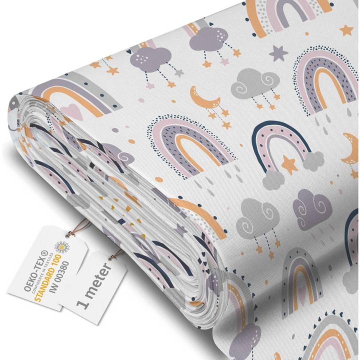 Tesatura impermeabila, material pentru tapiterie de exterior, 160x100 cm, pretabil fata de masa gradina, Rainbow and Moon Doodle