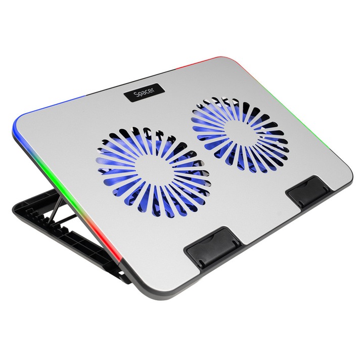 SPACER notebook állvány 17″ Gaming, fémlemez, 2x125mm LED ventilátor, fordulatszám:1200-1400rpm, 5 fokozatú magasságállítás, RGB 7 játékmód, telefontartó, ezüst