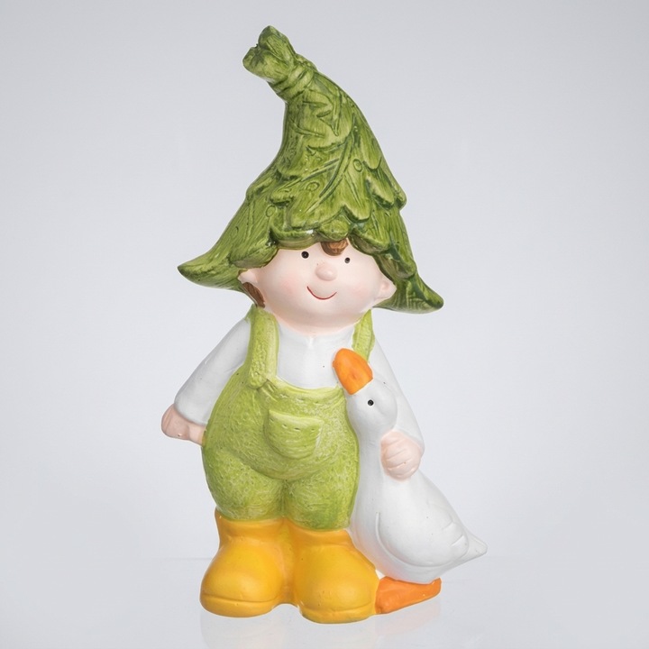 Statueta Decorativa Gradina Baietel Cu Ratusca Figurina Ceramica Ornament Curte Terasa Decor Exterior Rustic Personaj Gradina 13x6x23cm