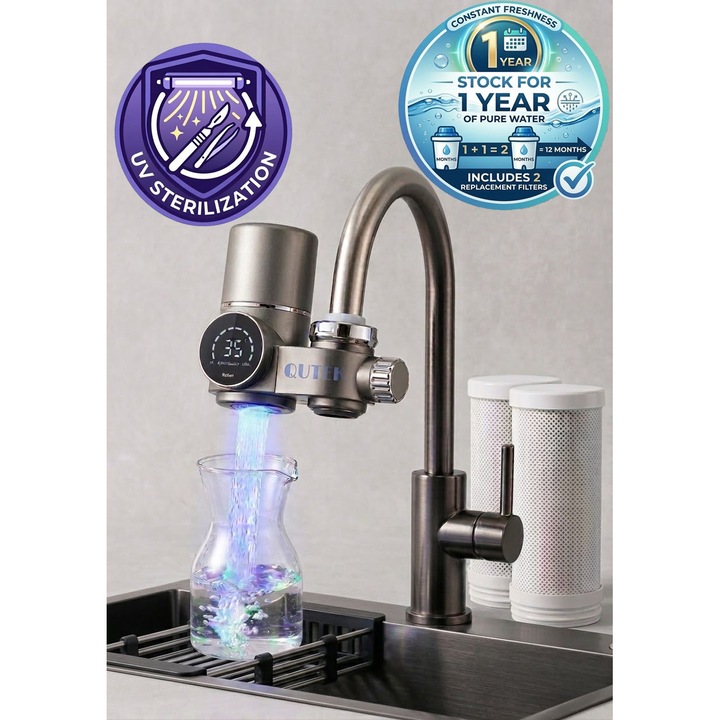 Pachet Purificator apa cu 2 Rezerve pentru 1 An de zile, QUTEK, Montare pe Robinet, Filtru cu Carbune Activ, Elimina Clorul, Metalele Grele si Impuritatile