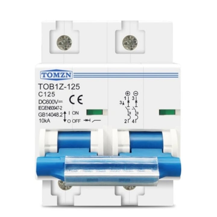 Siguranta automata de curent continuu 2P, 125A DC, 600V, intrerupator automat pentru panouri fotovoltaice, baterie sisteme fotovoltaice, instalare pe sina DIN, 3M