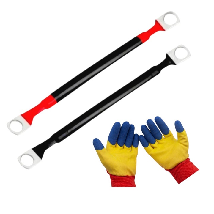 Set cablu pornire baterie/transfer curent, sectiune 16 mmp, 2x25 cm, cu 4 papuci M10, conductivitate electrica excelenta cu Set manusi protectie