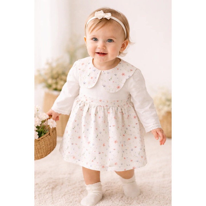 Rochita cu Guler Floral - Alb cu Flori Delicate, Alb