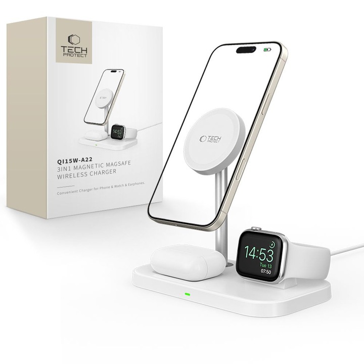 Incarcator wireless 3 in 1 Tech-Protect A22, alb, pentru smartphone, Apple Watch, AirPods, cu cablu USB-A/USB-C 100cm