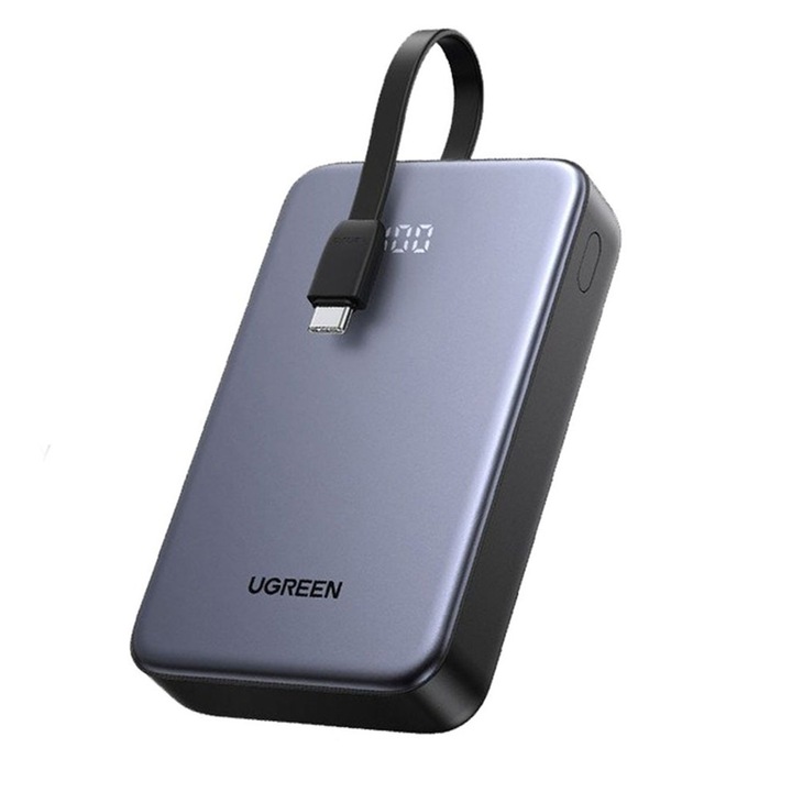 Baterie externa Ugreen PB505, Incarcare rapida, 20000mAh, USB, USB-C, Cablu USB-C incorporat 22.5W, 5V/3A, Gri