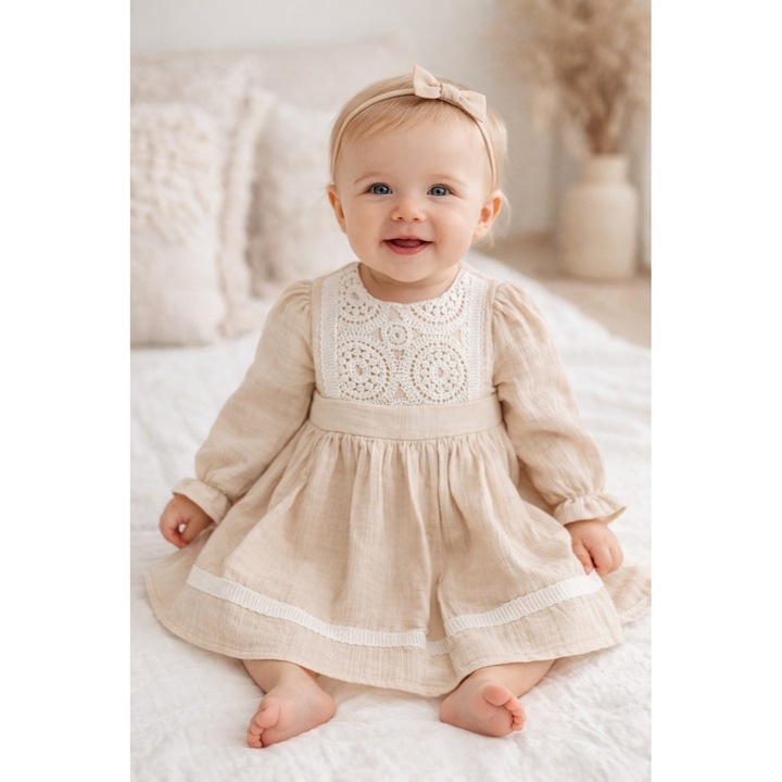 Rochita bebe fetite eleganta bej cu dantela maneca lunga din muselina