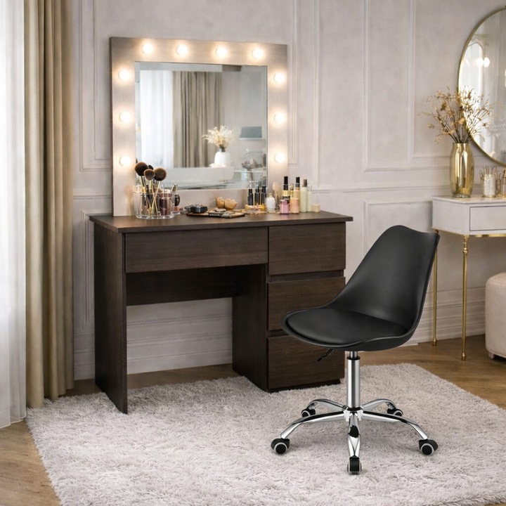 Masa de toaleta/machiaj, Irina, wenge + scaun Alba, negru, cu oglinda si LED-uri, 94x43x141 cm