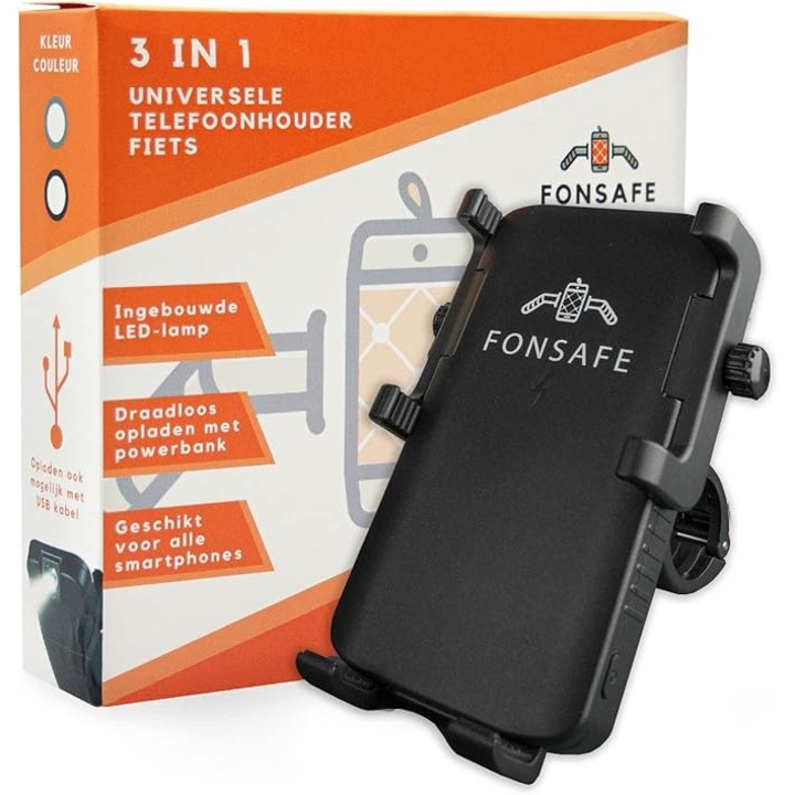Suport de telefon rezistent la socuri pentru Motocicleta/Bicicleta/Scuter/Trotineta cu Power Bank 5000mAh, incarcare wireless si lantera LED. FONSAFE