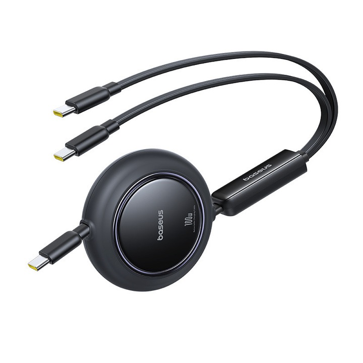 Cablu retractabil 2 in 1 USB-C Baseus Free2Pull Mini, 100W, 1.2m, negru