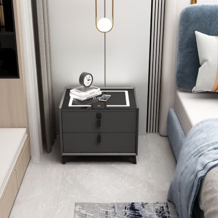 Шкафче Smart Nightstand, смарт, нощно, 2 чекмеджета, безжично и USB/Type-C зареждане, Bluetooth високоговорител, LED осветление в 3 цвята, закалено стъкло, напълно сглобено, 50x40x45 см, тъмно сиво