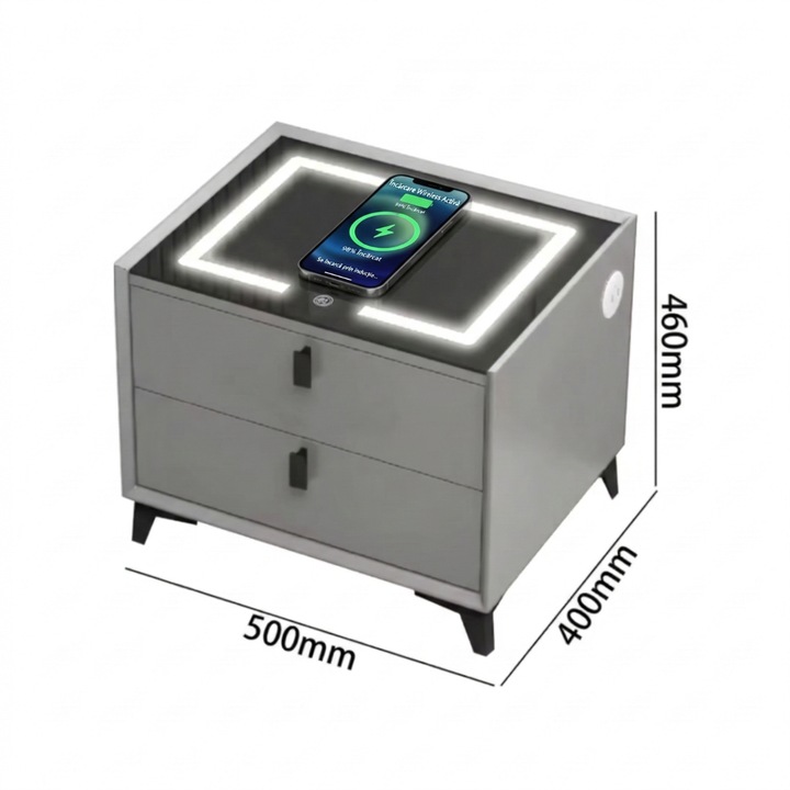 Noptiera Inteligenta Smart Nightstand, 2 Sertare, Incarcare Wireless si USB/Type-C, Boxa Bluetooth, Lumina LED 3 Culori, Sticla Securizata, Gata Asamblata, 50x40x45 cm, Gri Inchis